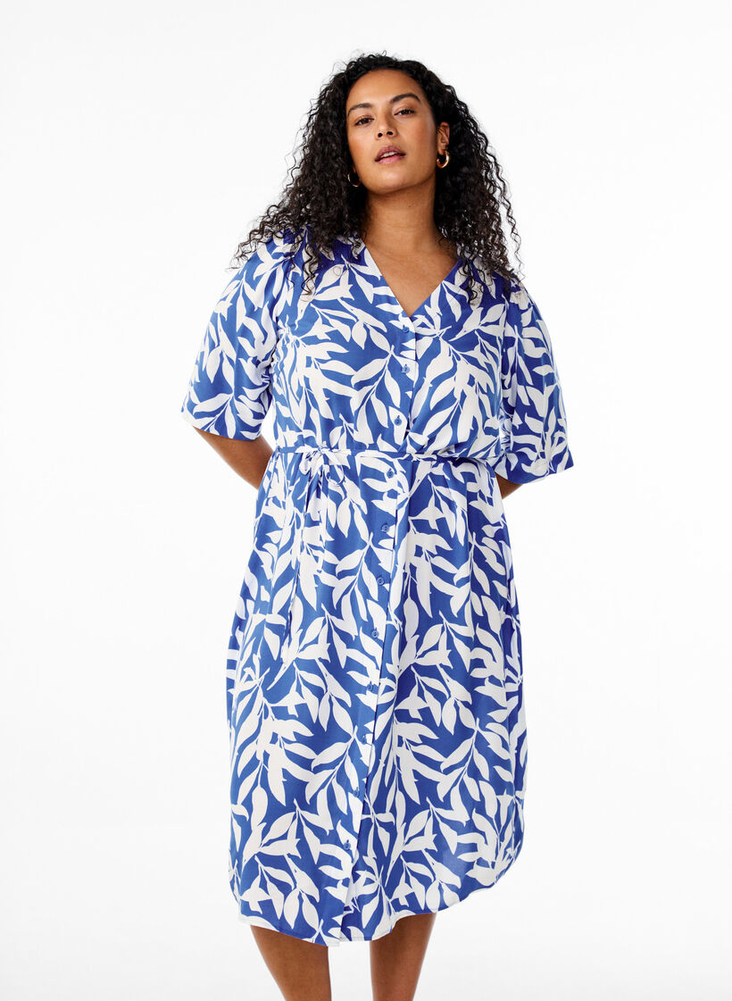 FLASH - Midi dress with print and tie belt, Blue, Model image number 0