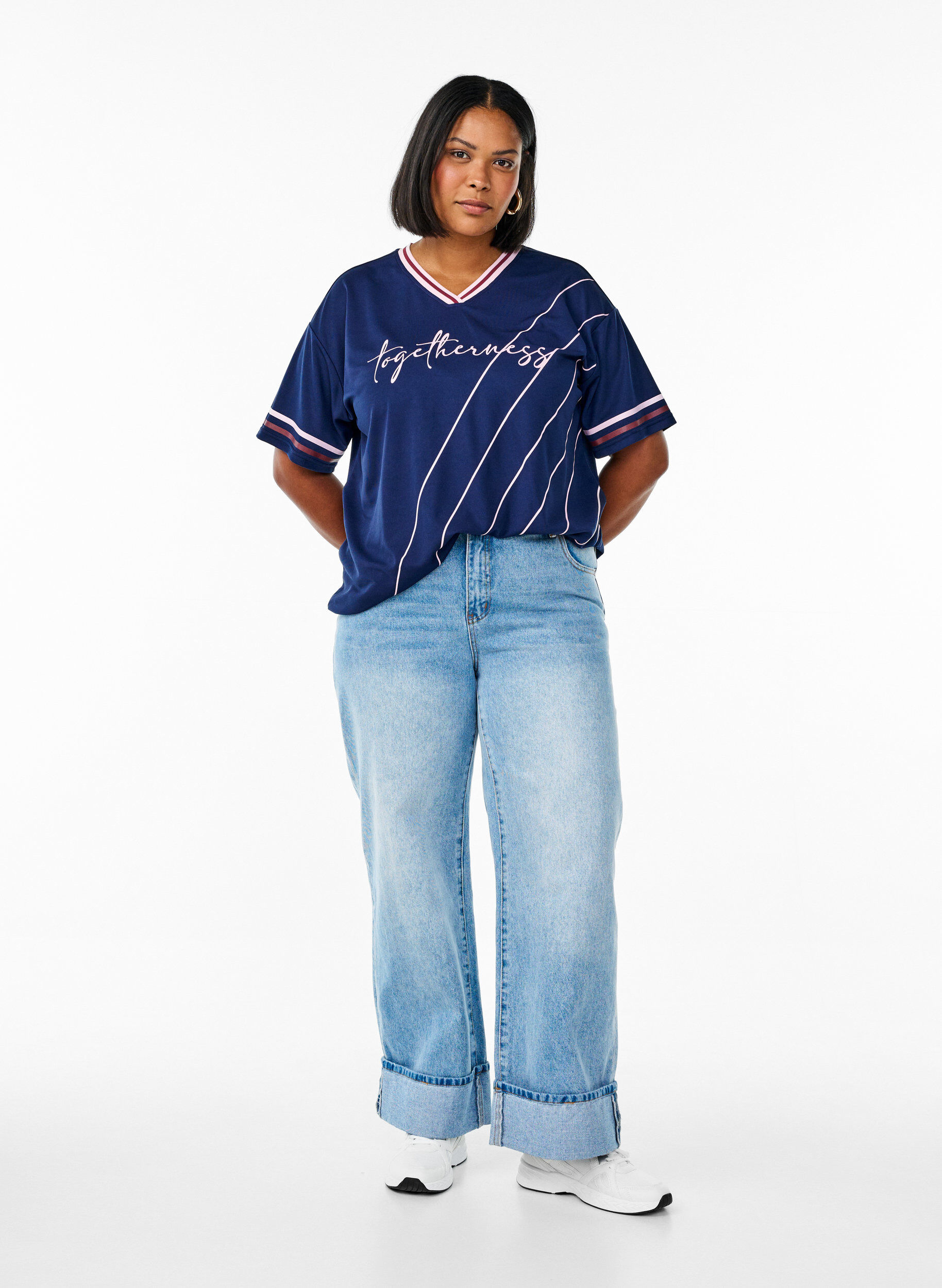 Zizzifashion Sporty t-shirt with stripes and text motif, Blue, Model image number 1