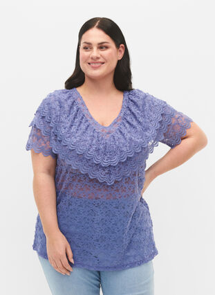 Short-sleeved blouse with frills, Lavender Violet, Model image number 0