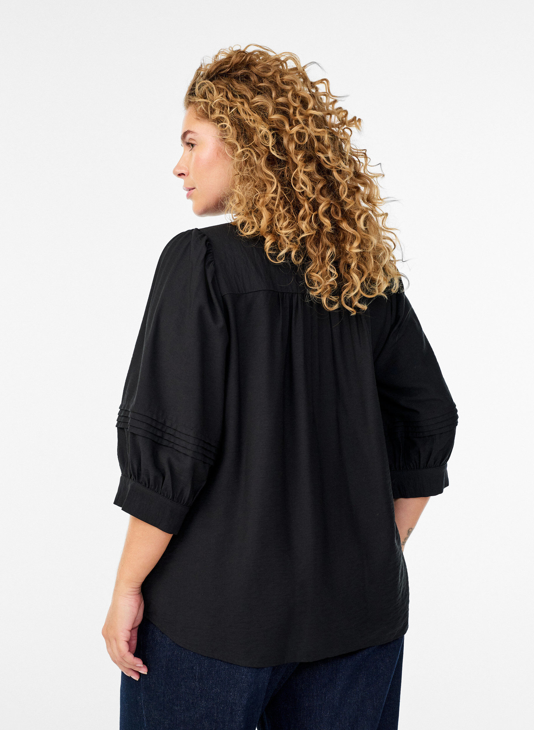 Zizzifashion Blouse with 3/4 sleeves and decorative pleats, Black, Model image number 2