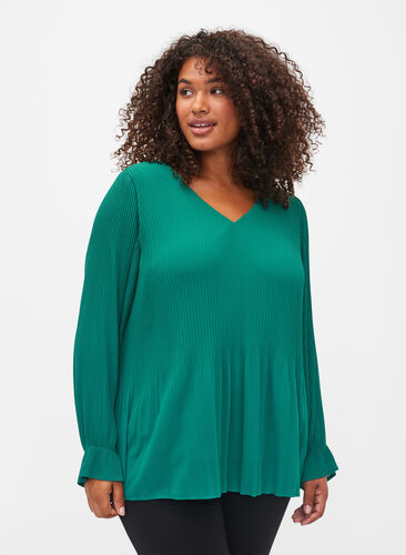 Pleated top with v-neck, Evergreen, Model image number 0