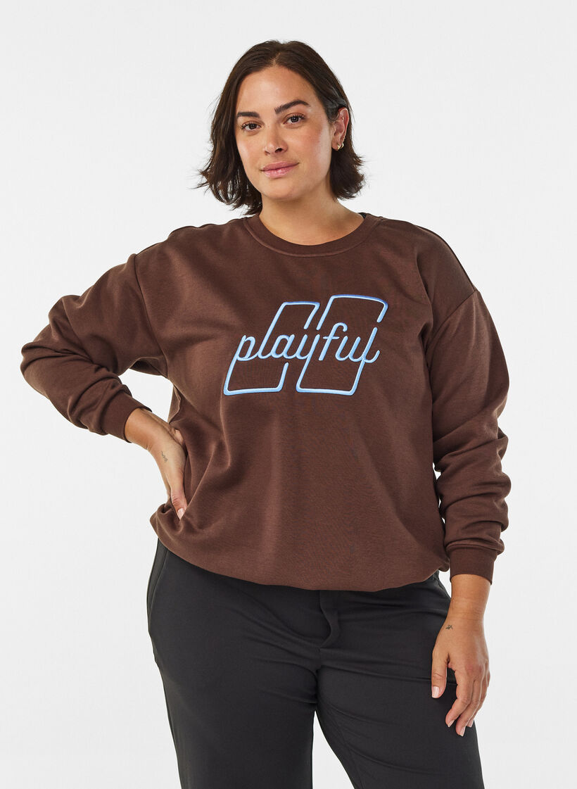 Sweatshirt with embroidered text, Brown, Model image number 0