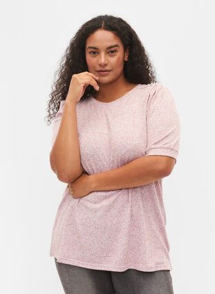 Blouse with short puff sleeves, Dusty Rose Mel., Model image number 0