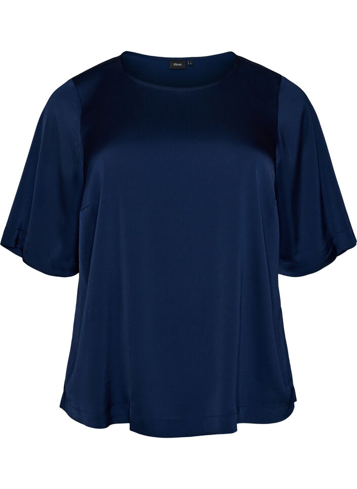 Satin blouse with elbow-length sleeves, Blue, Packshot image number 0