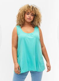 Top with a-shape and round neck, Turquoise, Model