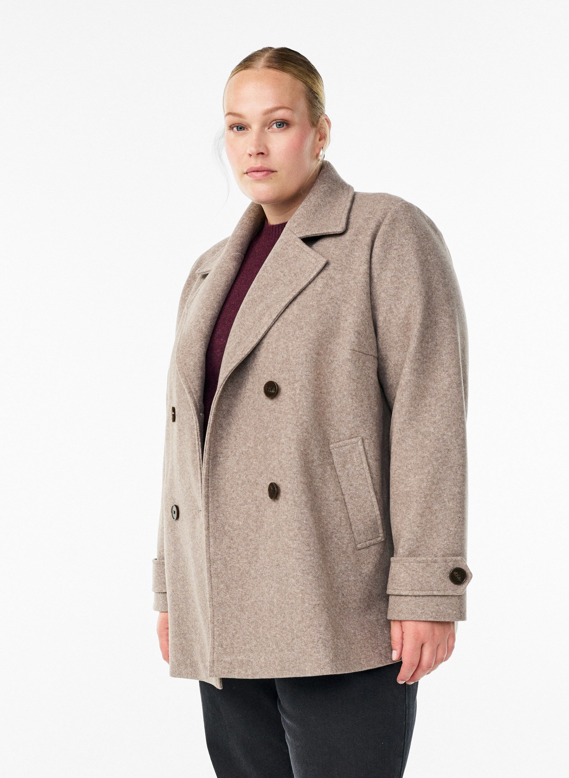 Short coat with double-breasted button closure, Beige, Model