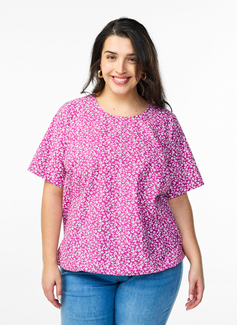 Cotton blouse with print and short sleeves, Purple, Model image number 0
