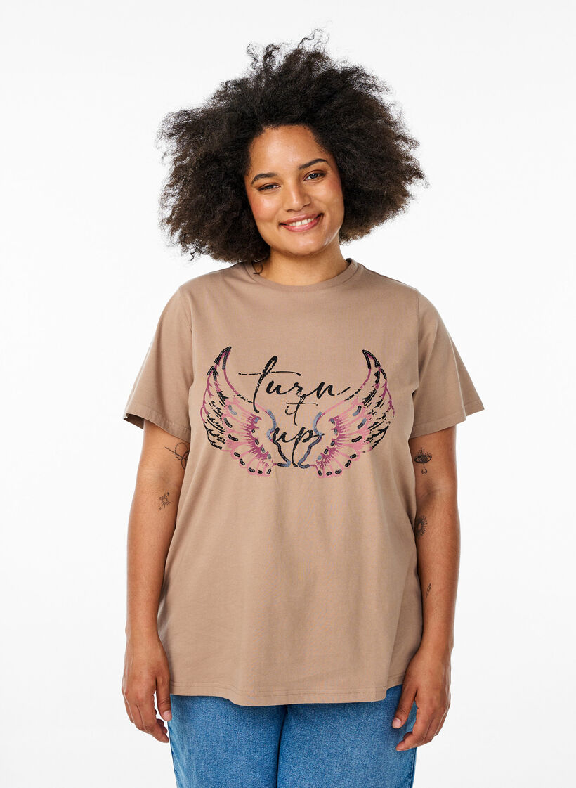 T-shirt in organic cotton with statement print, Beige, Model image number 0