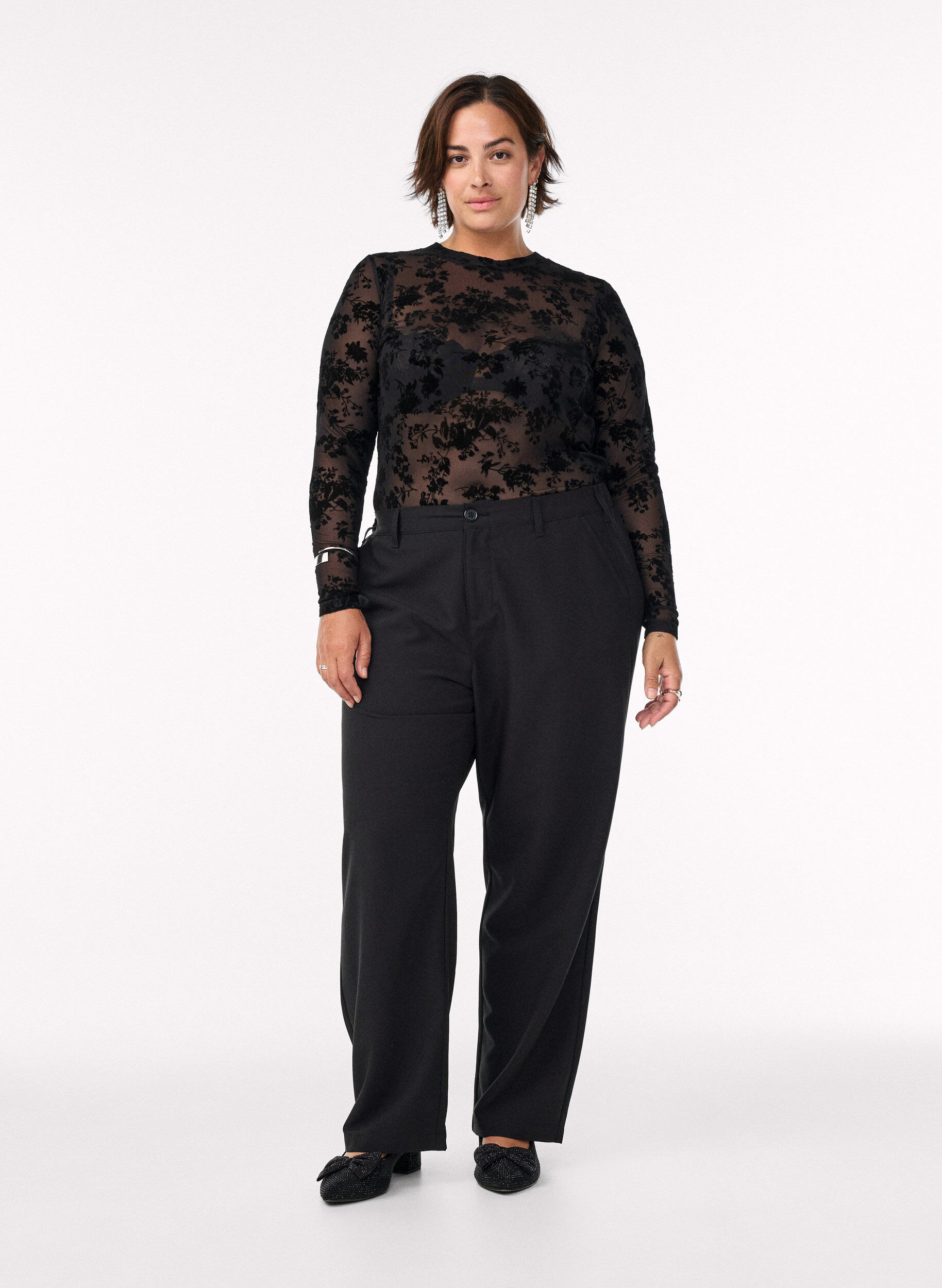 Zizzifashion Mesh blouse with floral pattern, Black, Model image number 1