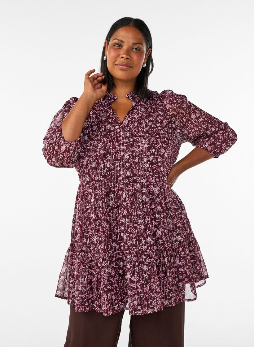 Tunic with floral print and glitter threads, Red, Model image number 0