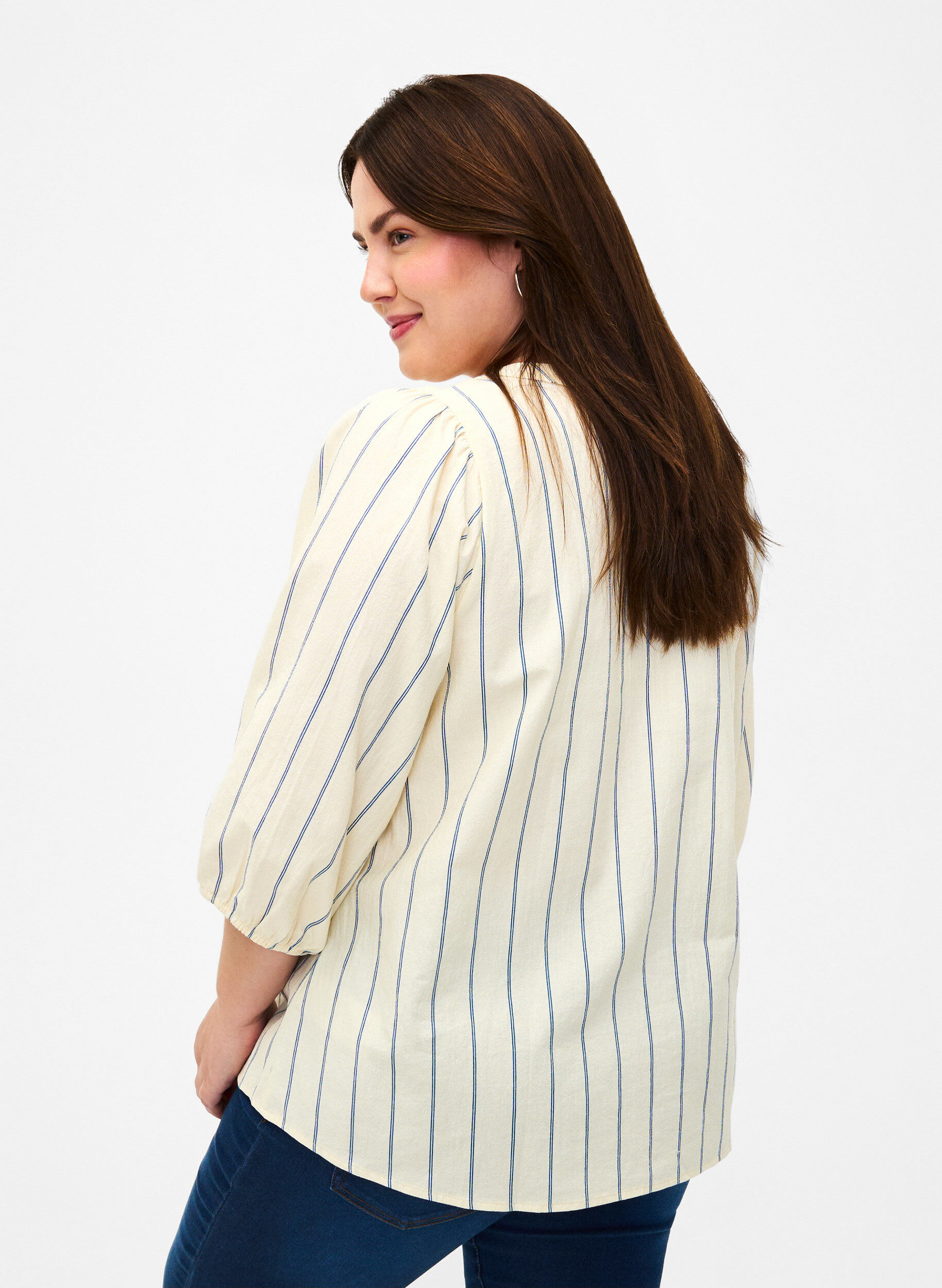 Zizzifashion 3/4 sleeve cotton Blouse with stripes, Eggnog Stripe, Model image number 1