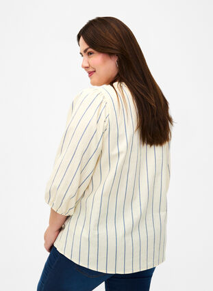 3/4 sleeve cotton Blouse with print, Eggnog Stripe, Model image number 1