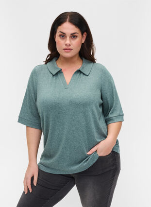 Marled blouse with collar and 2/4 sleeves, Green Melange, Model image number 0