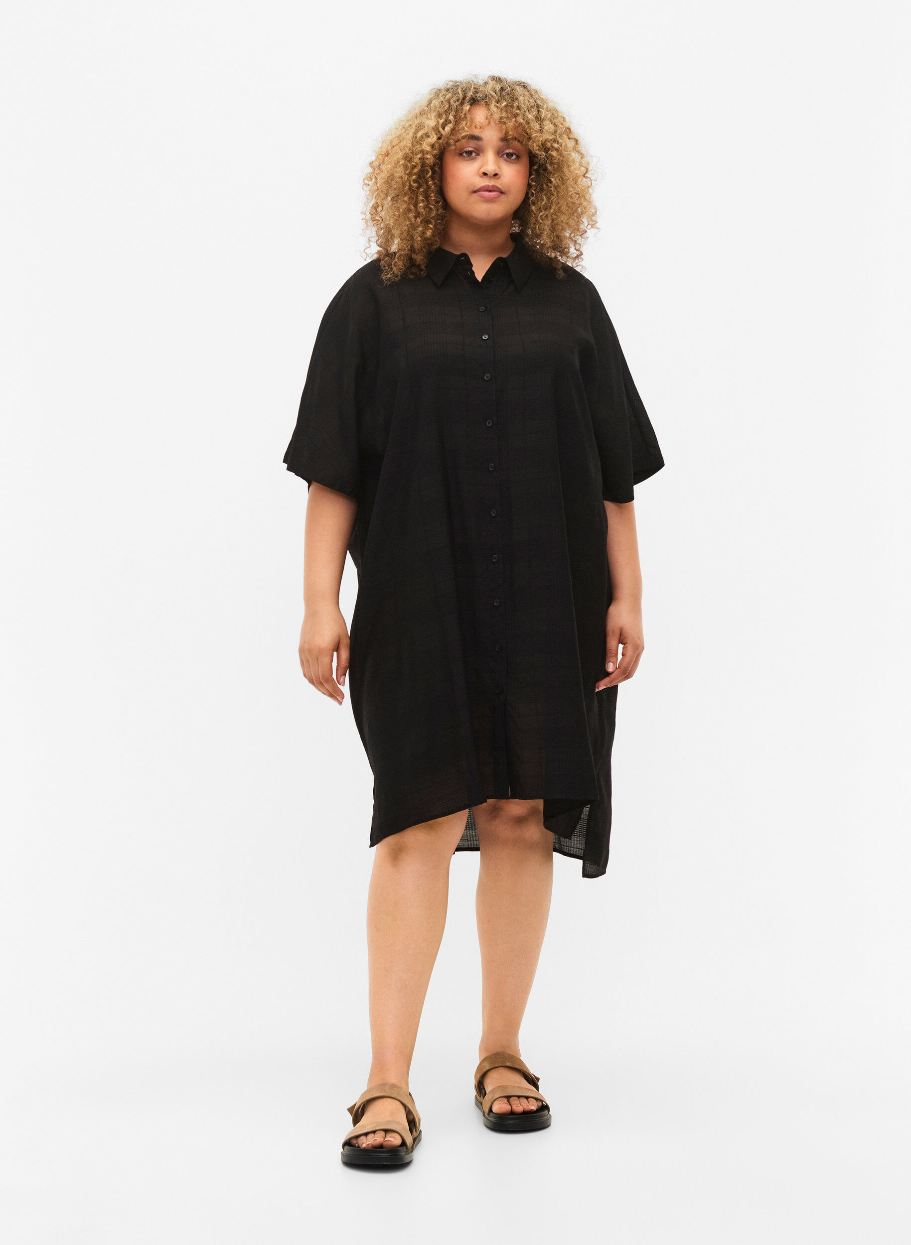 Zizzifashion Long shirt in viscose with texture, Black, Model image number 2