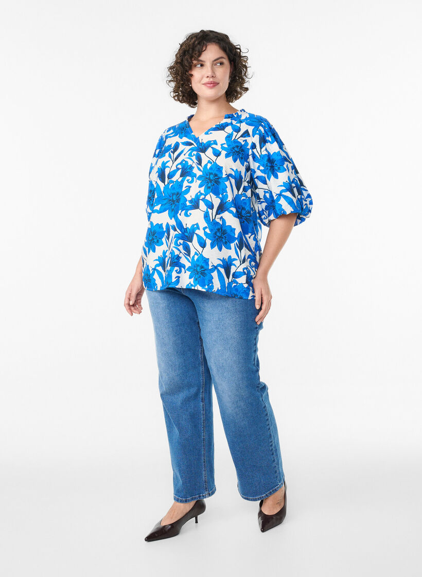 Blouse with floral print and short balloon sleeves, Vanilla, Model image number 1