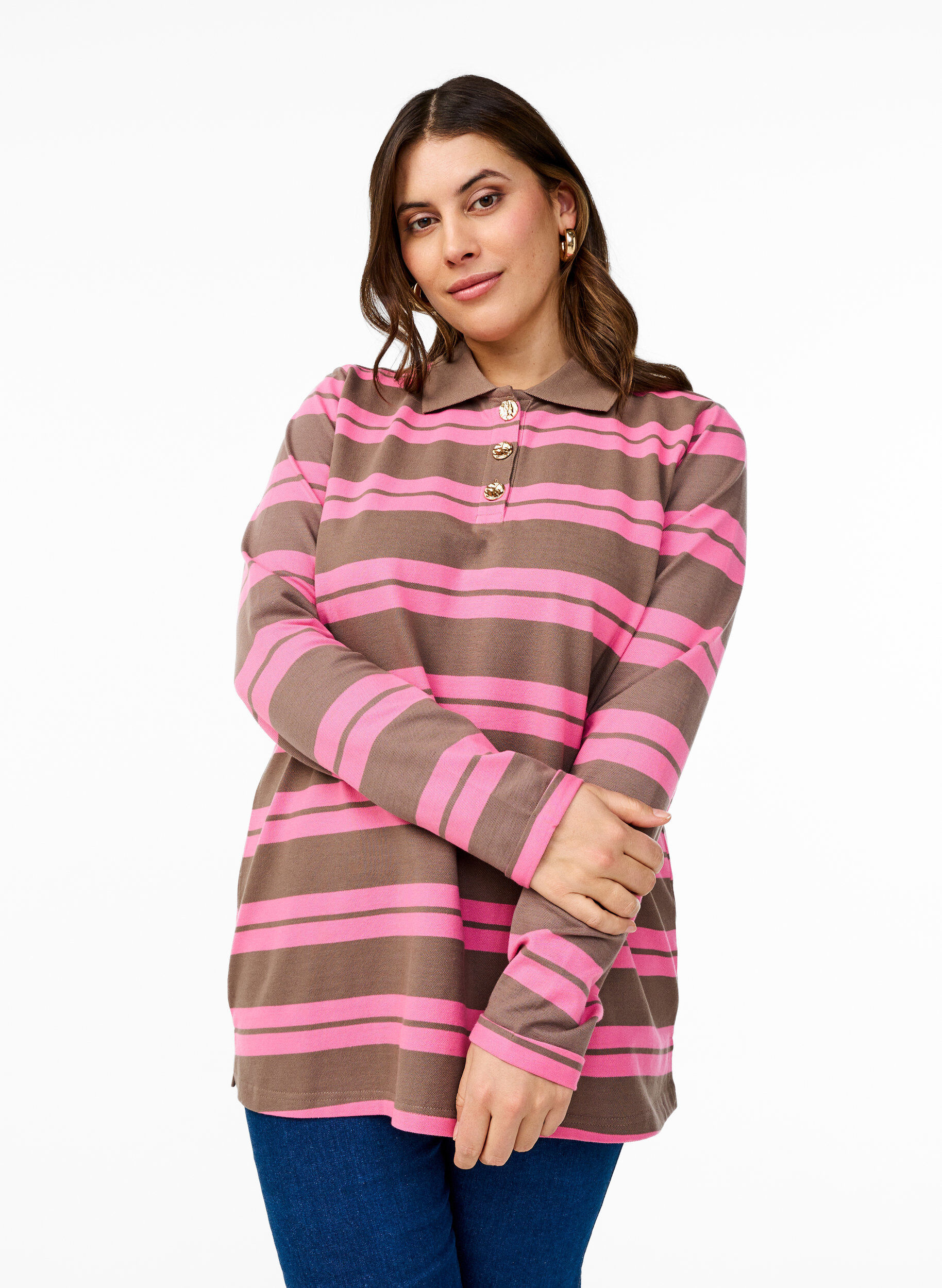 Zizzifashion Striped polo shirt with long sleeves, Pink, Model image number 0