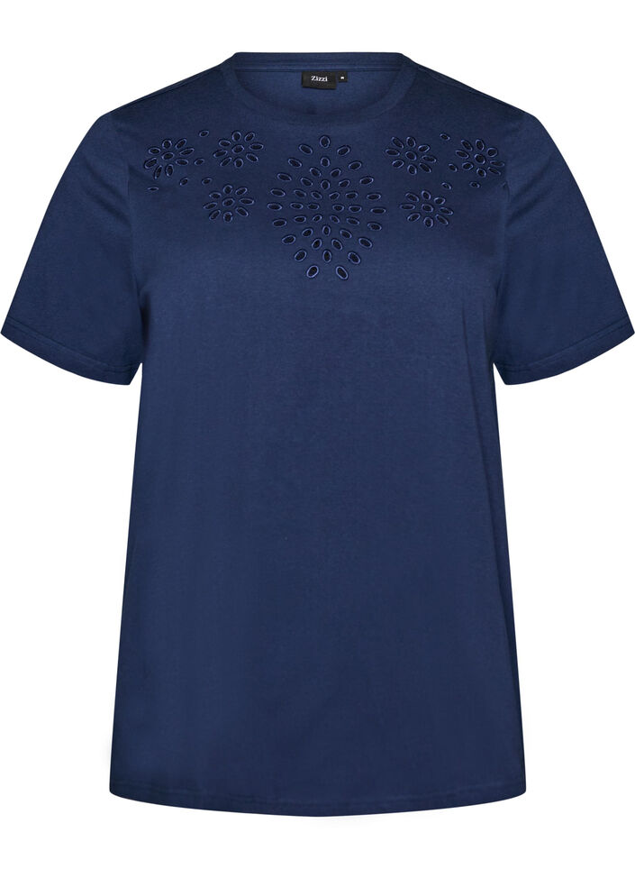 Organic cotton T-shirt with eyelet embroidery, Blue, Packshot image number 0