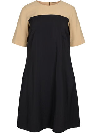 Viscose midi dress with colour-block, Black Comb, Packshot image number 0