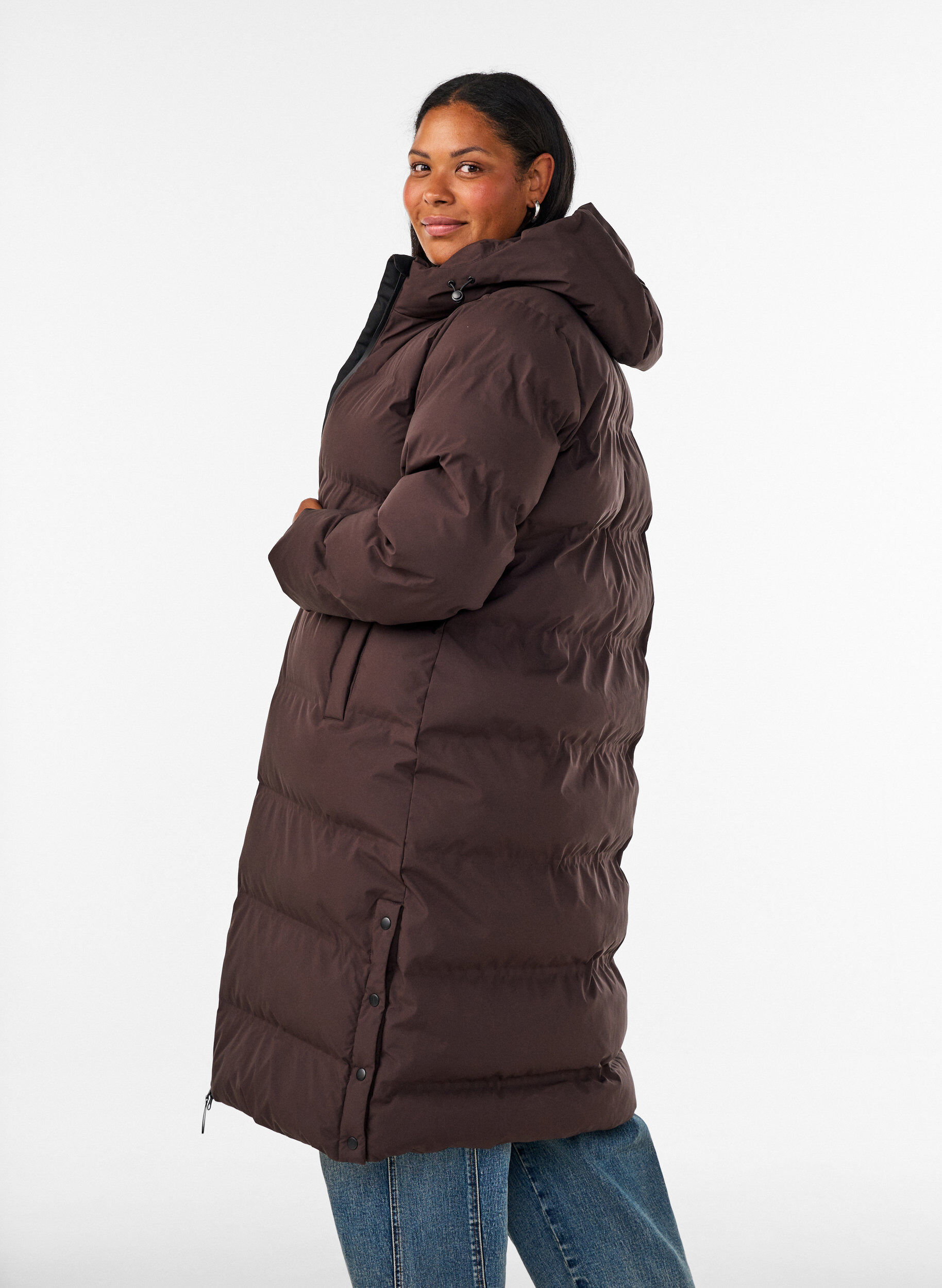 ZizzifashionLong puffer winter coat with hood, Brown, Model image number 2