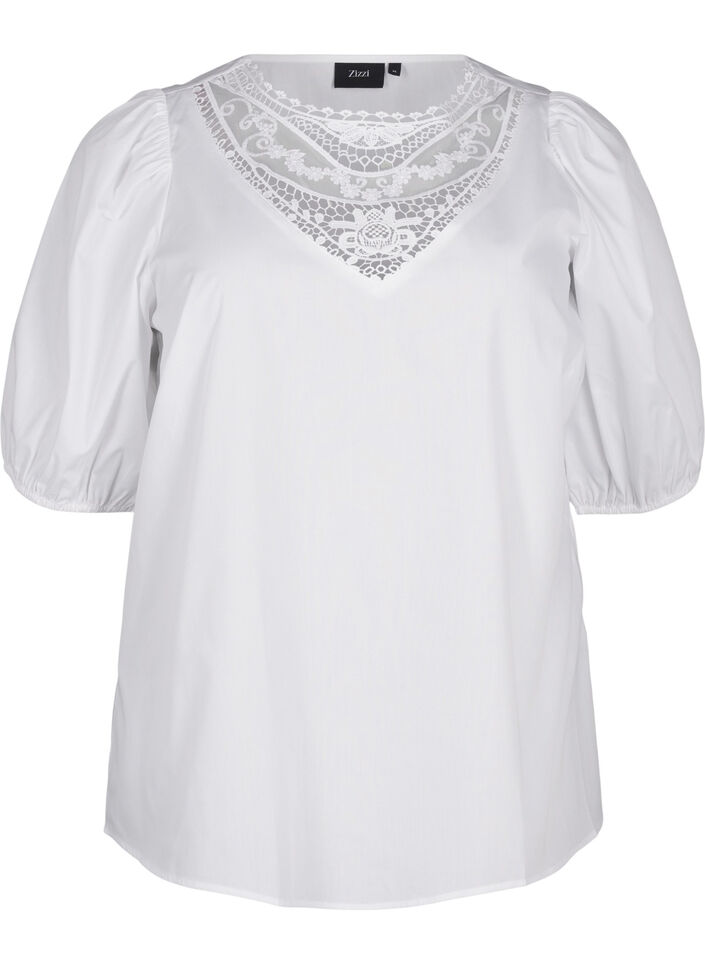 Short-sleeved blouse with lace detail, Bright White, Packshot image number 0