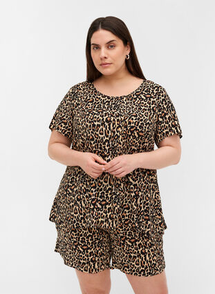 Viscose blouse with print and short sleeves, Leo AOP, Model image number 0