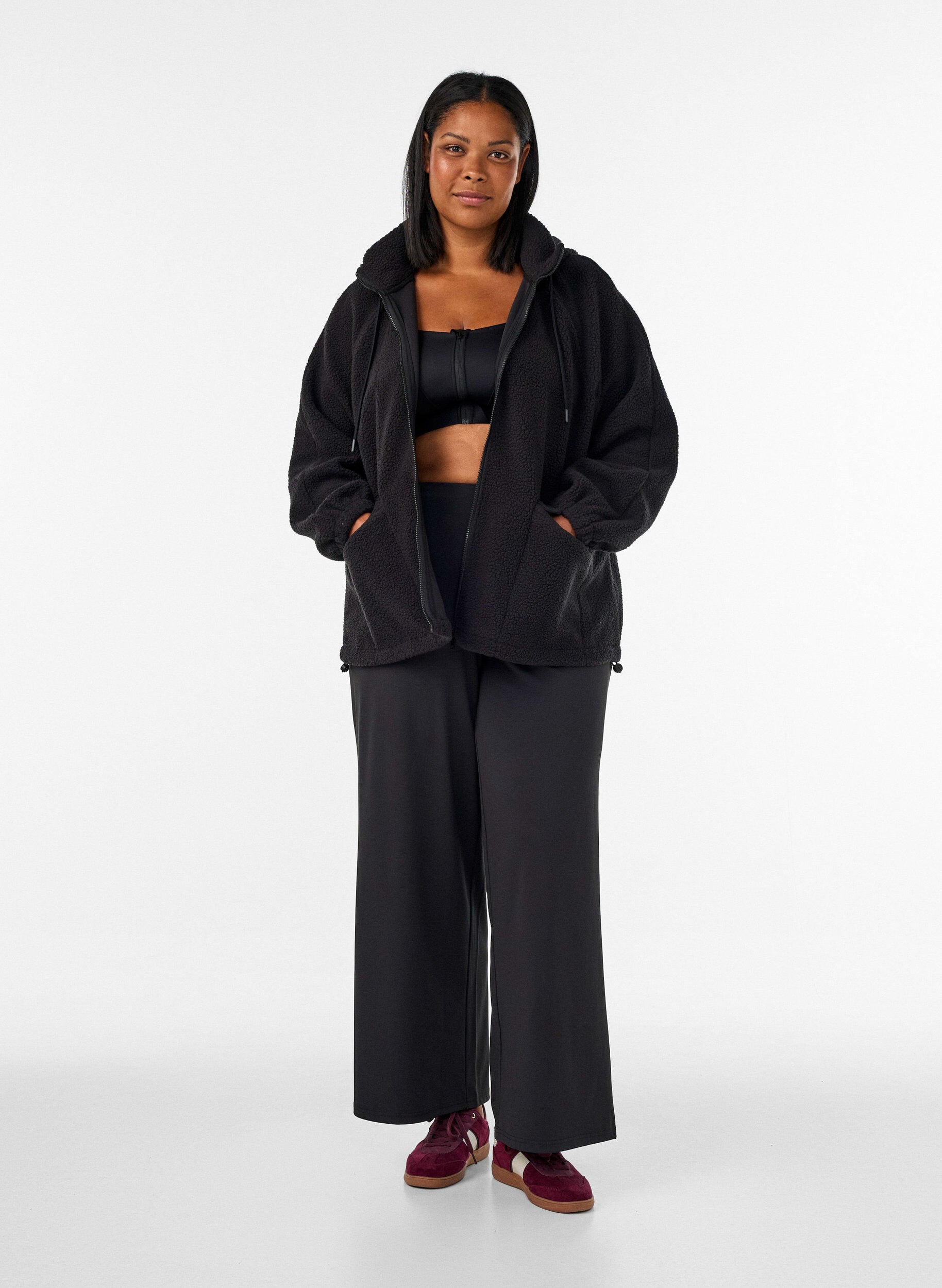 ZizzifashionTeddy jacket with a hood and zipper, Black, Model image number 1
