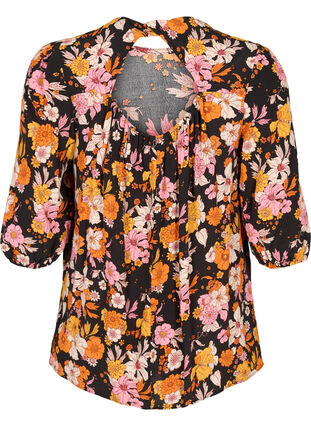 Floral viscose blouse with a back cut-out, Black Flower AOP, Packshot image number 1