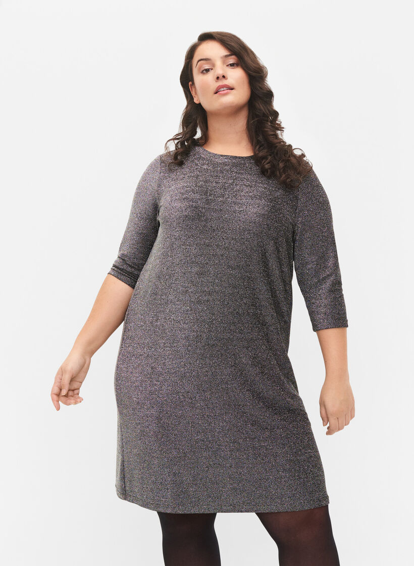 Glitter dress with 3/4 sleeves and round neckline, Black Silver, Model