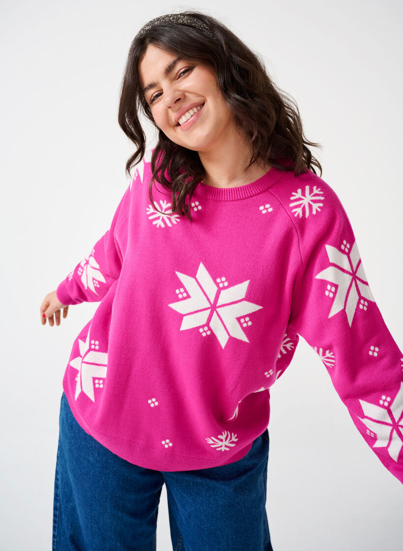 Knitted jumper with snowflakes, Pink, Image image number 0