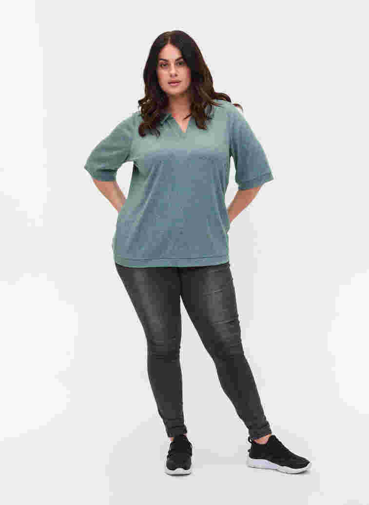 Marled blouse with collar and 2/4 sleeves, Green Melange, Model image number 2