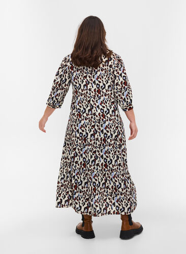 Printed dress with v-neck and 3/4 sleeves, White Leo Print, Model image number 1