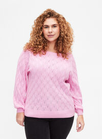 Pullover with hole pattern and boat neck	, Begonia Pink, Model