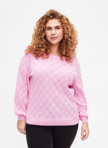 Pullover with hole pattern and boat neck	, Begonia Pink, Model image number 0
