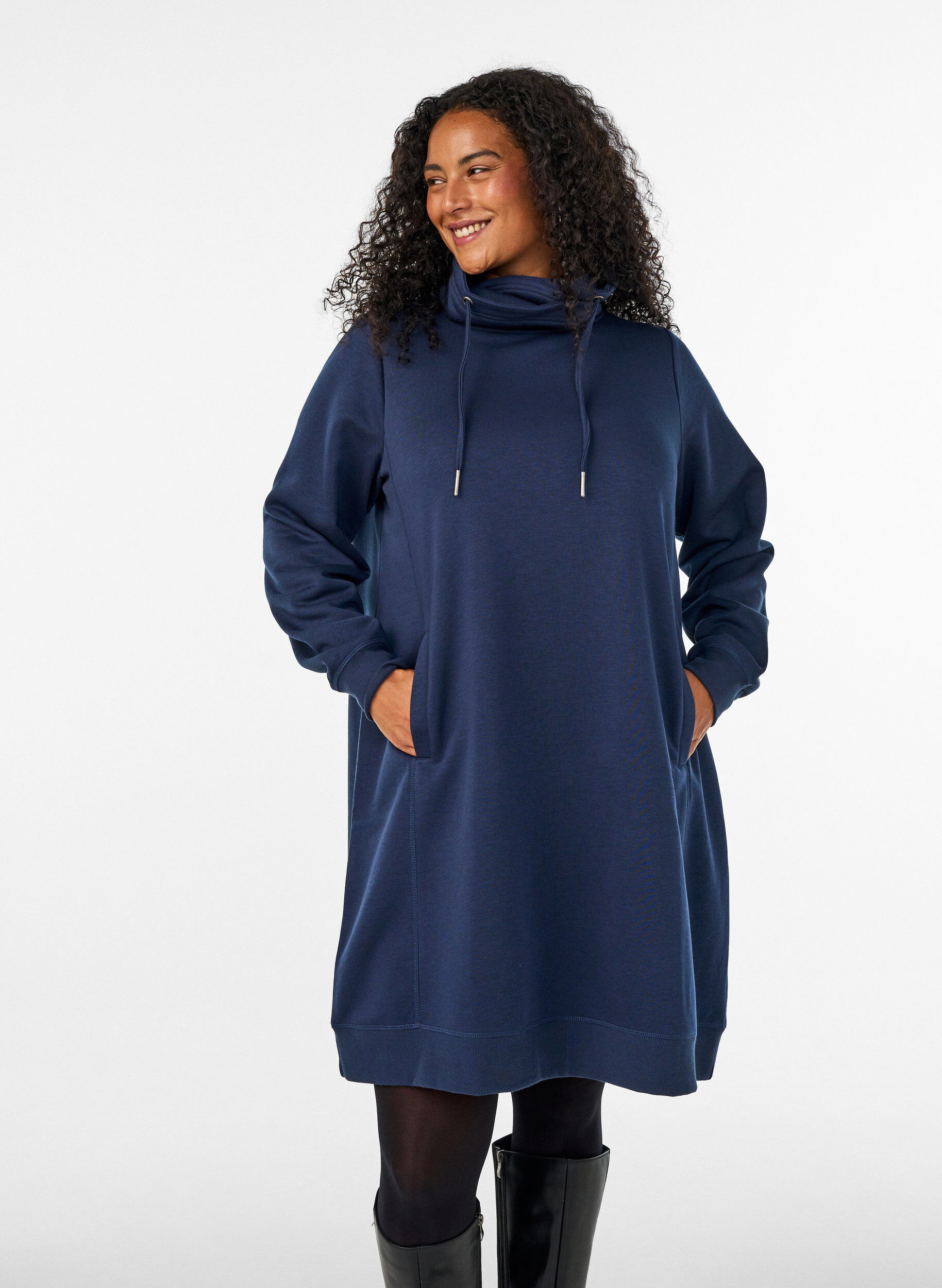 ZizzifashionShort sweatshirt dress with high collar and pockets, Blue, Model image number 0