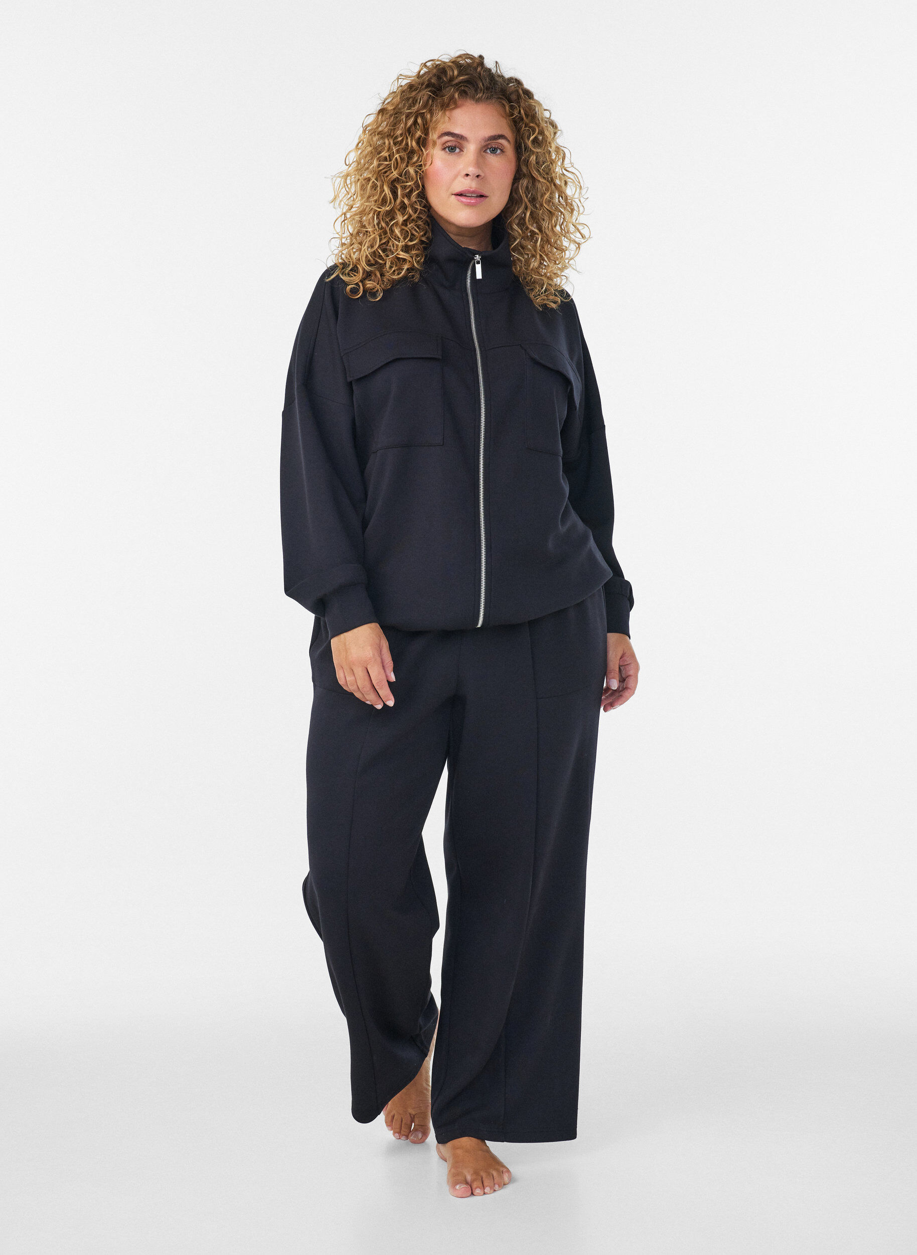 ZizzifashionLoose jersey trousers with high waist and pockets, Black, Model image number 0