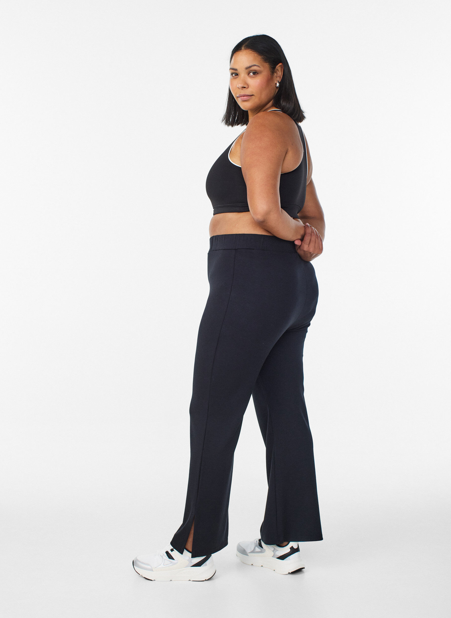 Zizzifashion Flare jersey trousers with slits and high waist, Black, Model image number 2