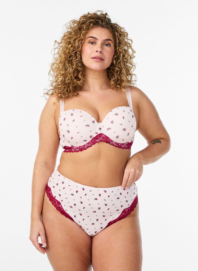 Brazilian panties with floral print and lace, Rose, Model image number 0