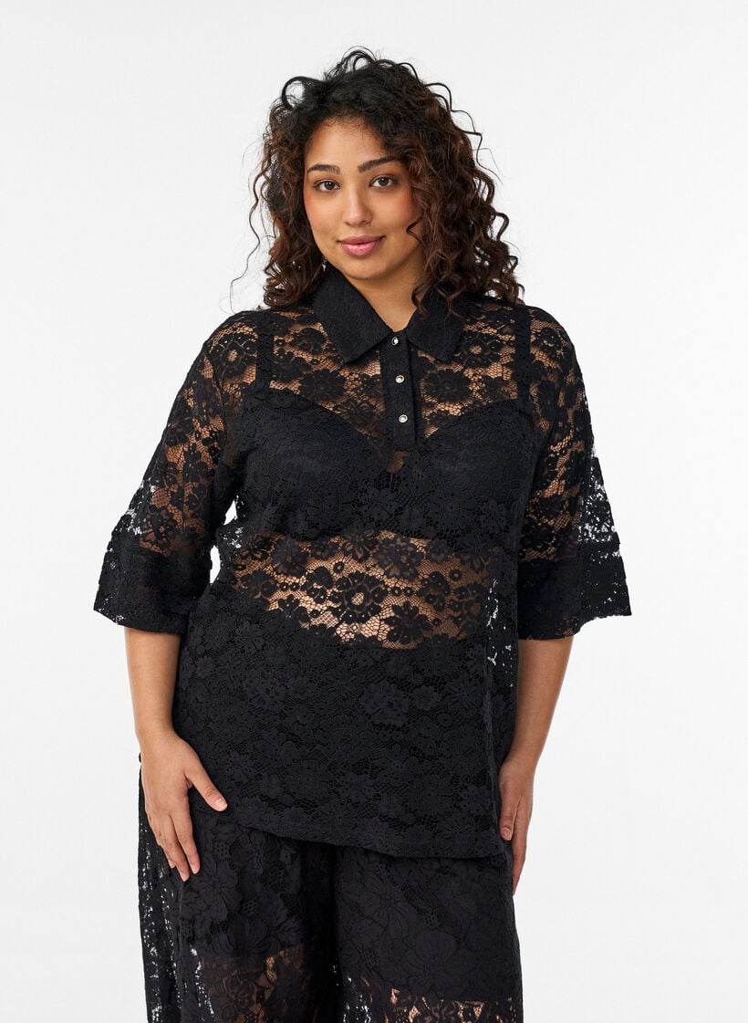 Lace blouse with collar and 1/2 sleeves, Black, Model image number 0