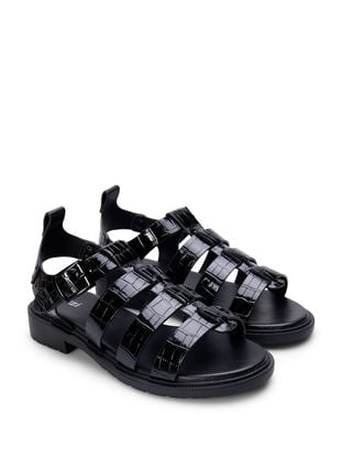 Wide fit sandal in shiny crocodile leather, Black, Packshot image number 1