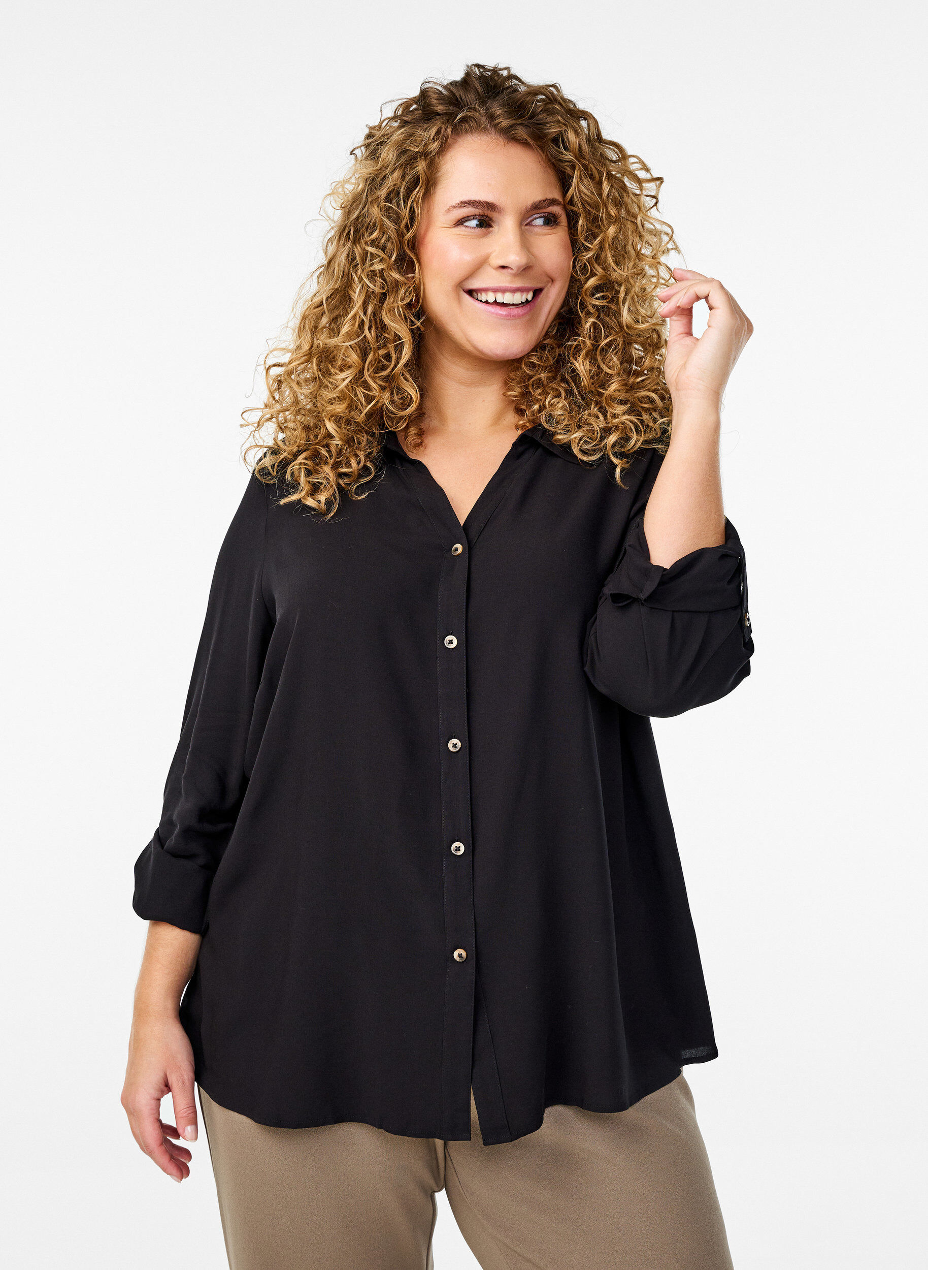 Zizzifashion FLASH - Long-sleeved shirt with a V-neck, Black, Model image number 0