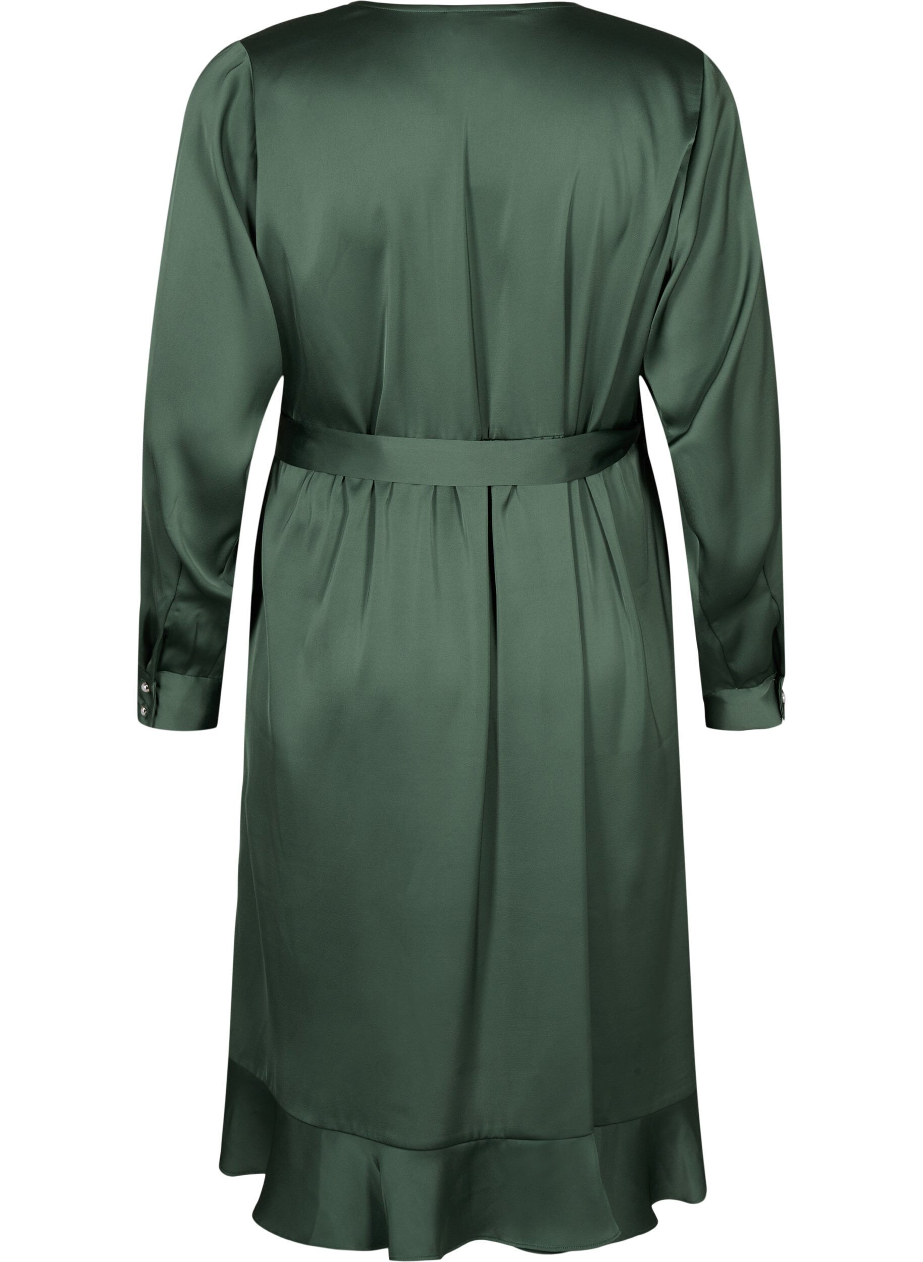 Zizzifashion Long sleeve satin wrap dress, Duck Green, Packshot image number 1