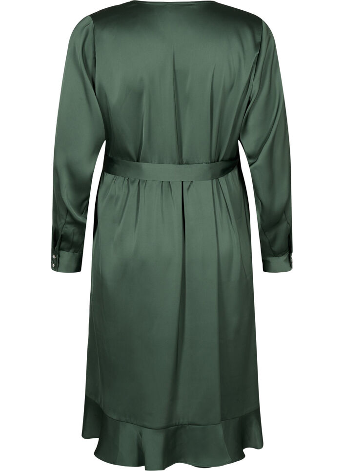 Long sleeve satin wrap dress, Duck Green, Packshot image number 1