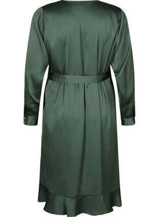 Long sleeve satin wrap dress, Duck Green, Packshot image number 1
