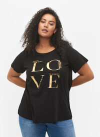 Short-sleeved cotton t-shirt with print, Black Love, Model