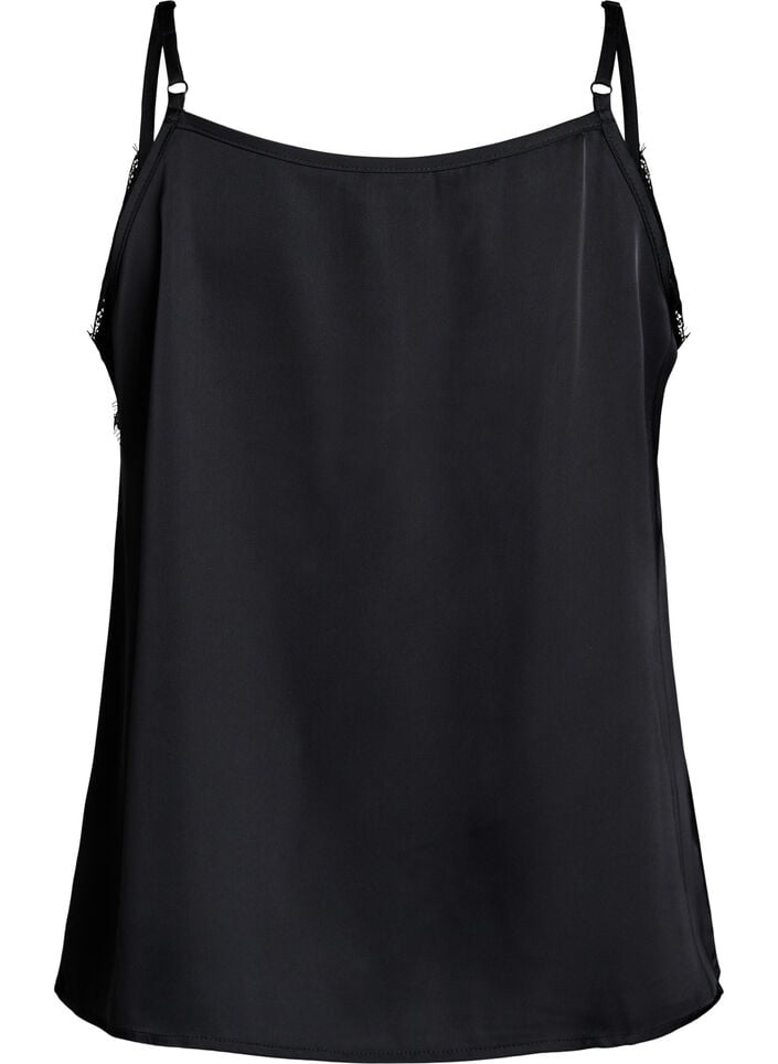Satin strap top with lace, Black, Packshot image number 1