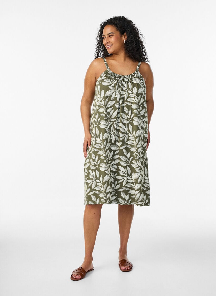 Knee-length strap dress in organic cotton, Green, Model image number 1