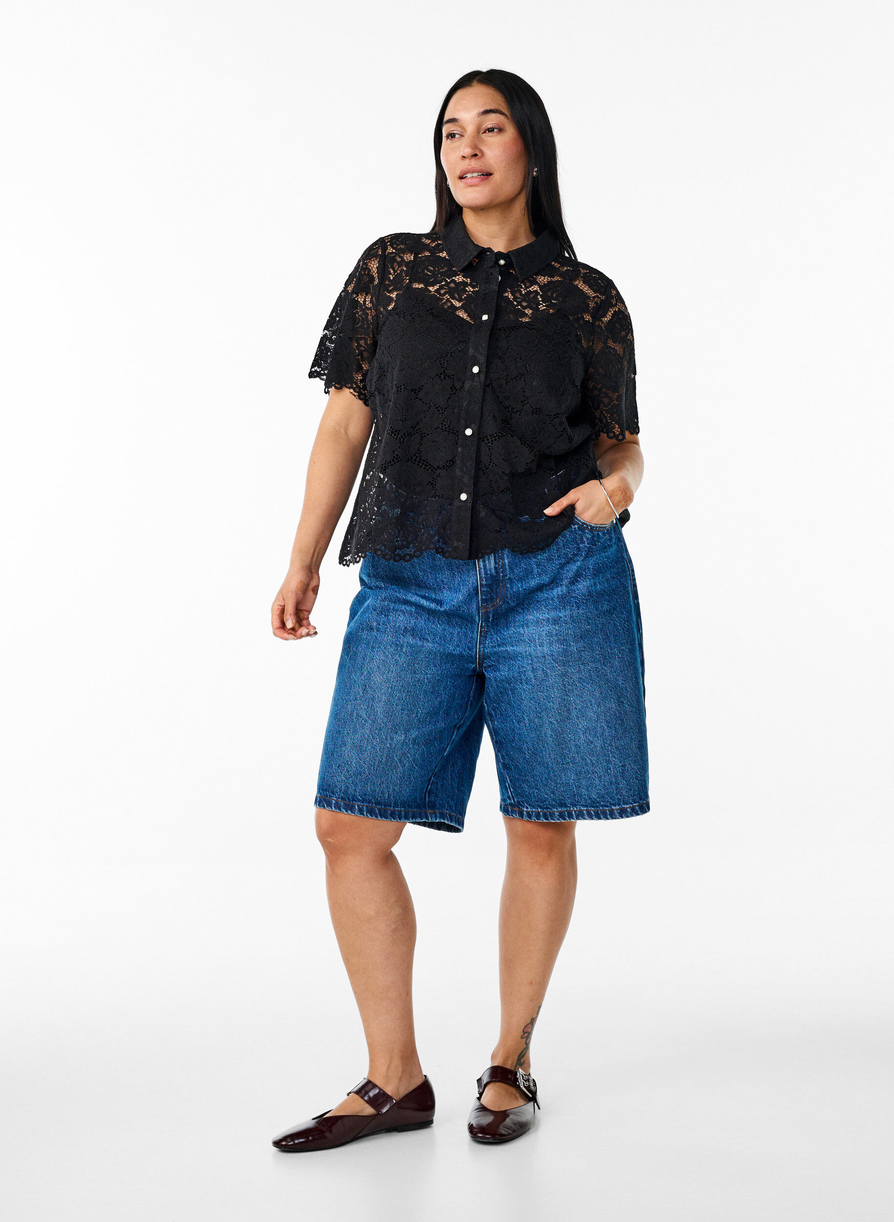 ZizzifashionLace shirt blouse with pearl buttons, Black, Model image number 1