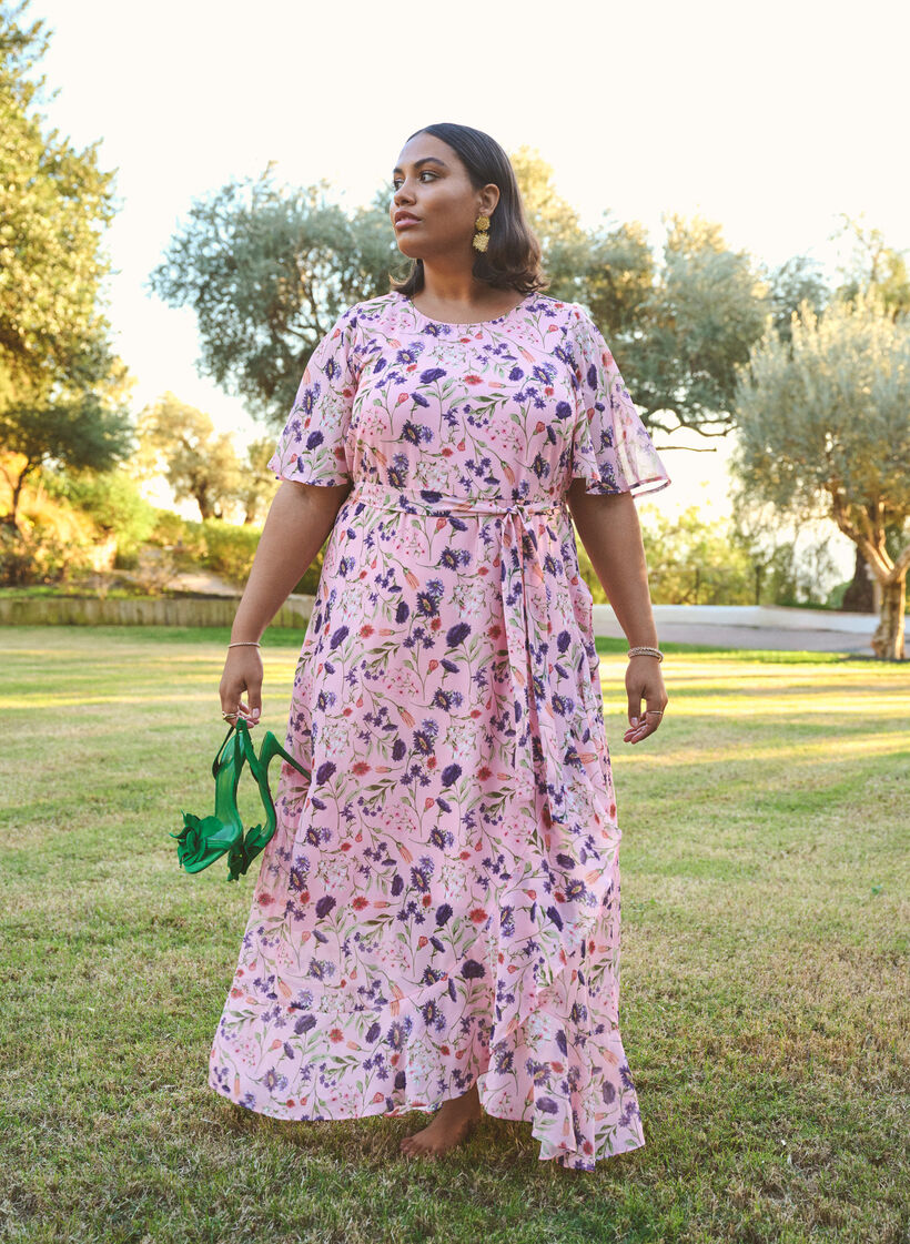 Long dress with batwing sleeves and floral print, Rose Flower AOP, Image image number 0