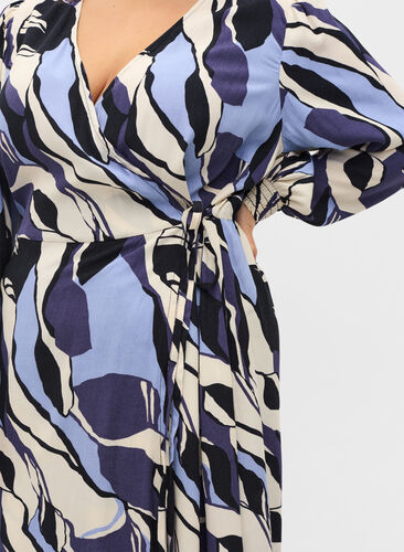 Printed midi dress with wrap, Blue Abstract AOP, Model image number 2
