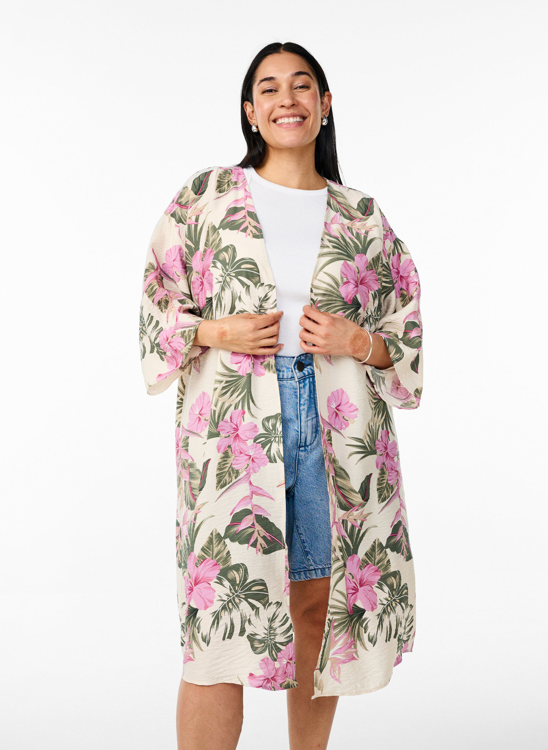 ZizzifashionViscose kimono with 3/4 sleeves, Vanilla, Model image number 0